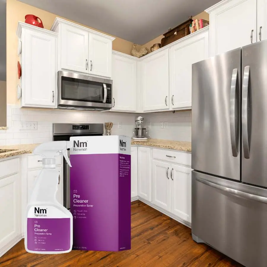 Pre Cleaner spray bottle and box in a kitchen