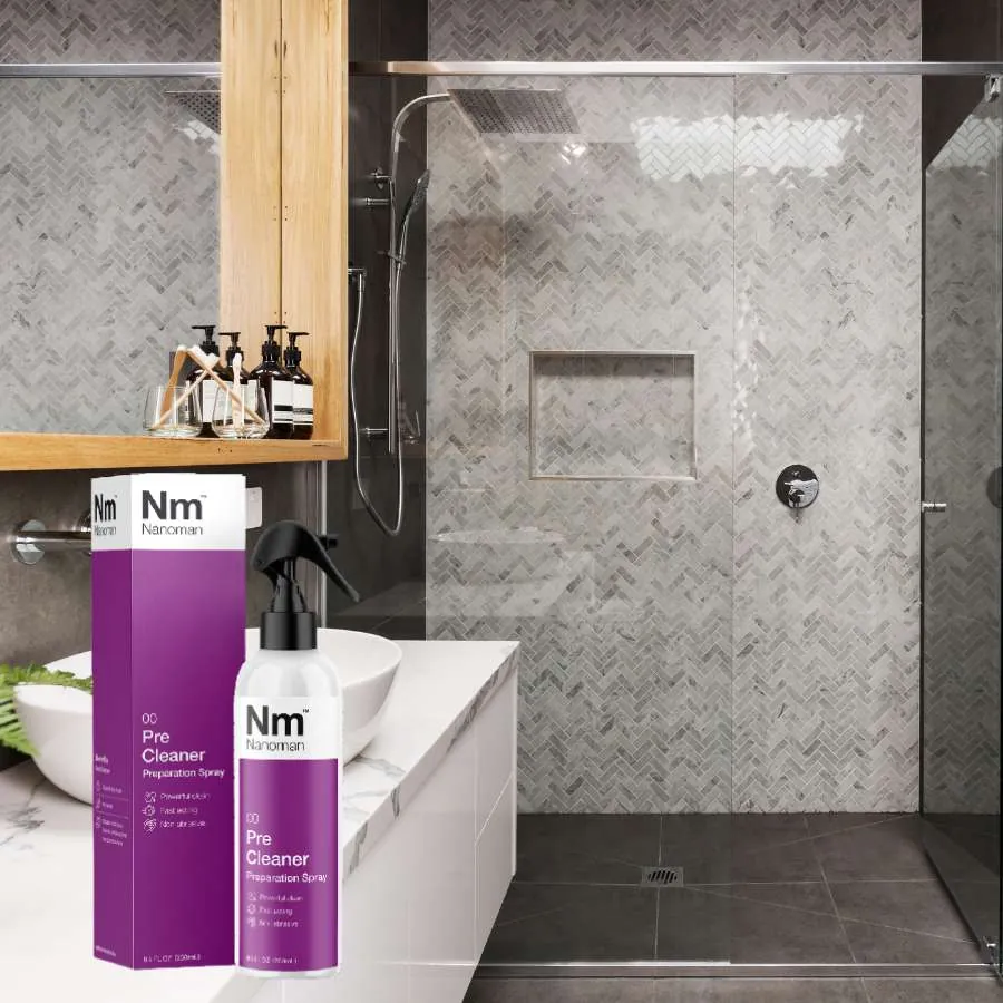Pre Cleaner beside a glass shower screen