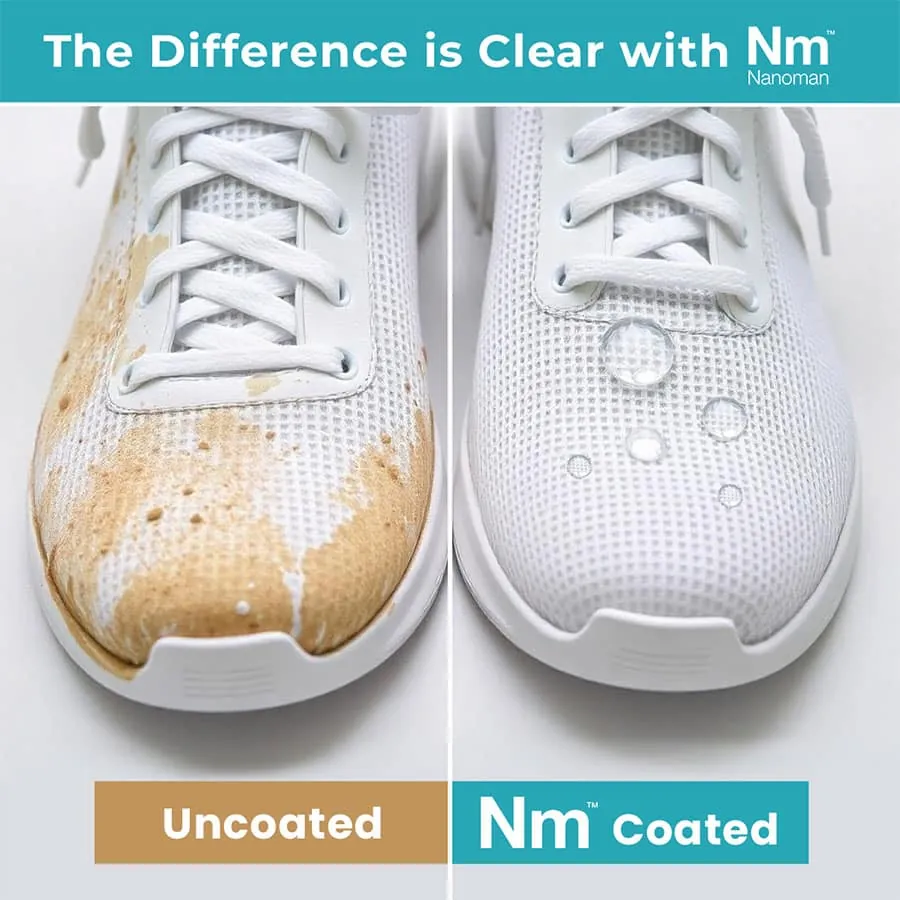 White sneakers side by side: the untreated shoe is stained and water beads on the treated one