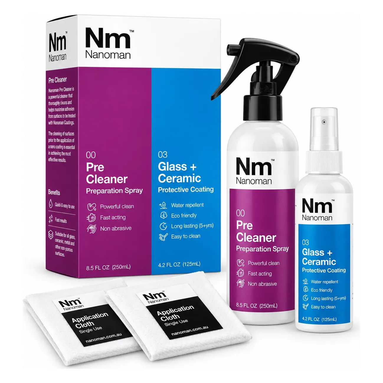 Glass Coating Kit: Pre Cleaner 250 ml, glass coating 125 ml and two applicator cloths