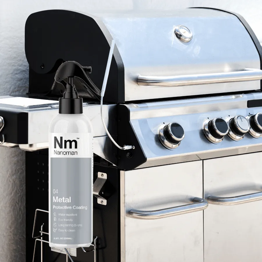 Metal coating 250 ml beside a stainless steel barbecue