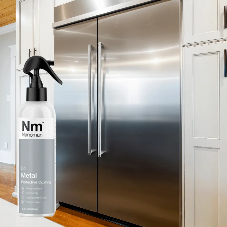 Metal coating 250 ml beside a stainless steel fridge