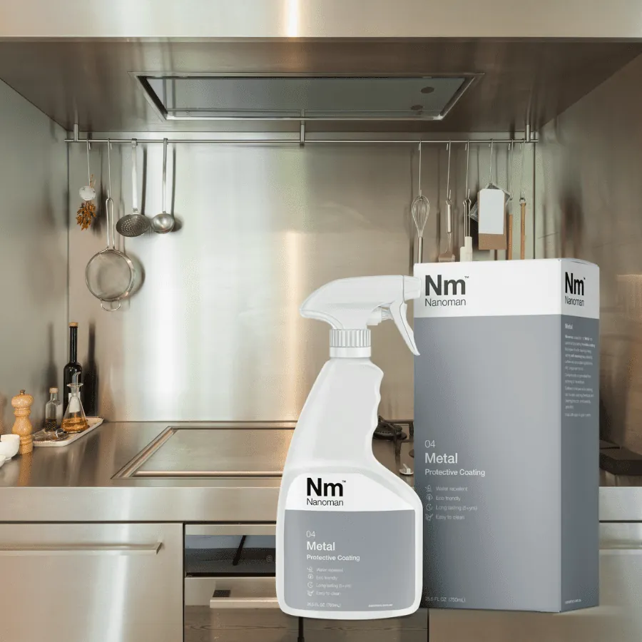 Metal coating 750 ml and box in a kitchen with a stainless steel splashback