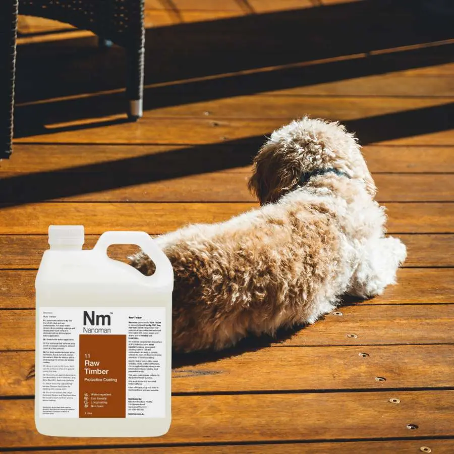 Timber Sealant can and a dog on a timber deck