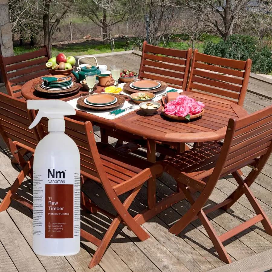 Timber Sealant spray bottle on a wooden outdoor table