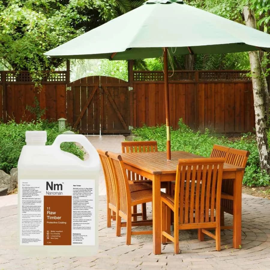 Timber Sealant 5 L beside wooden garden furniture