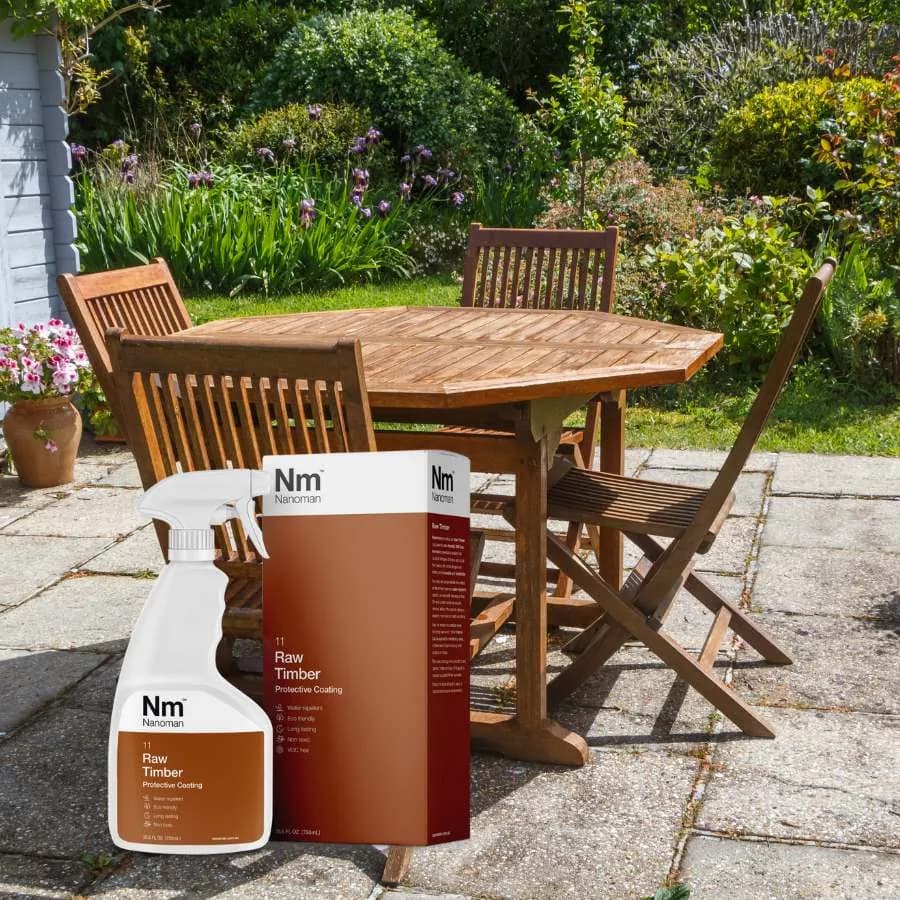 Timber Sealant 250 ml and box on a wooden outdoor table