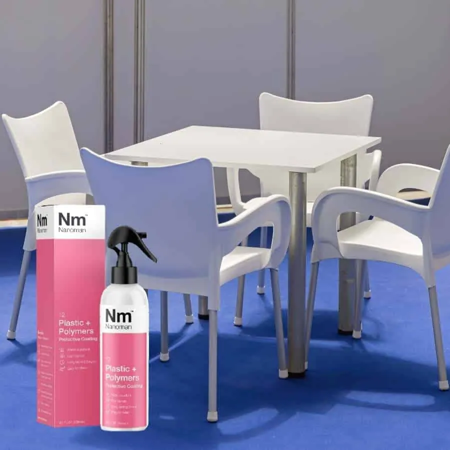 Plastics Coating 250 ml and box beside white plastic garden chairs