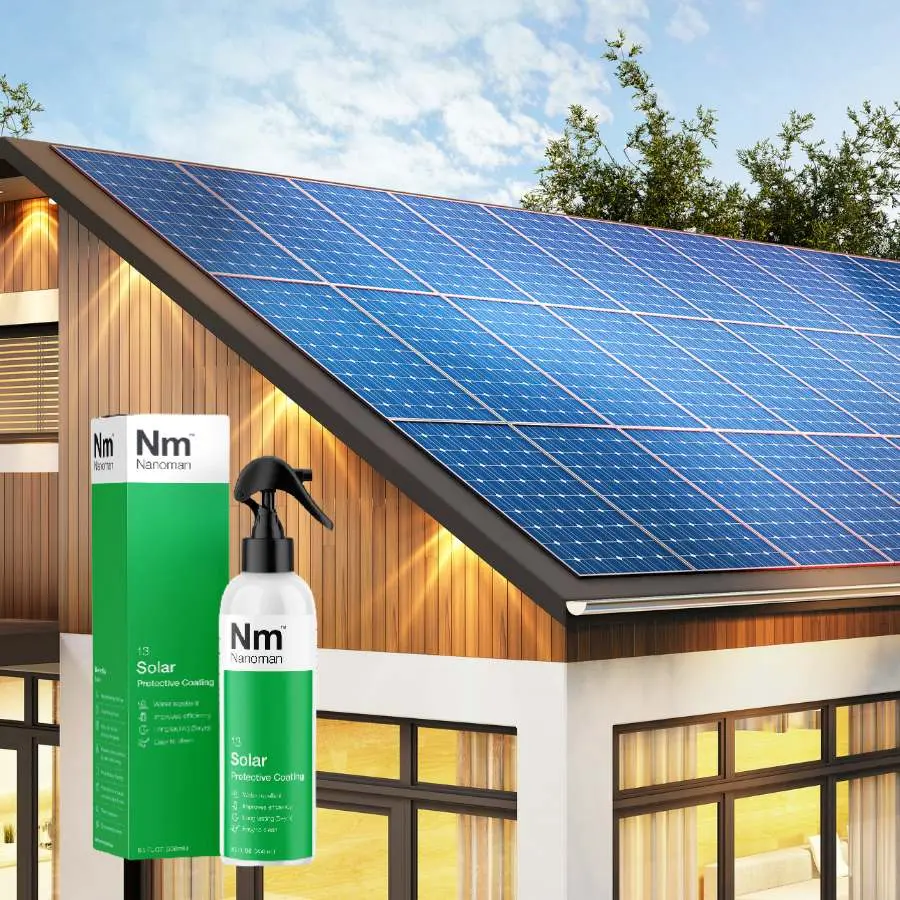 Solar Panel Coating bottles by a house with solar panels on the roof