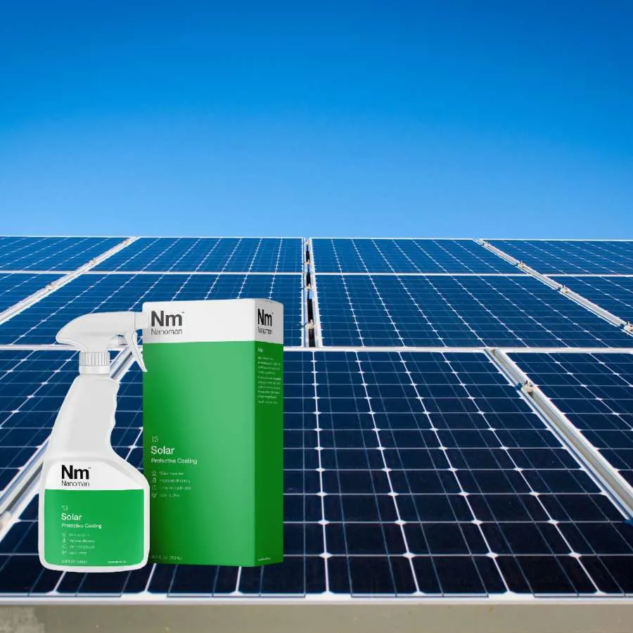 Solar Panel Coating 750 ml and box on a solar panel array