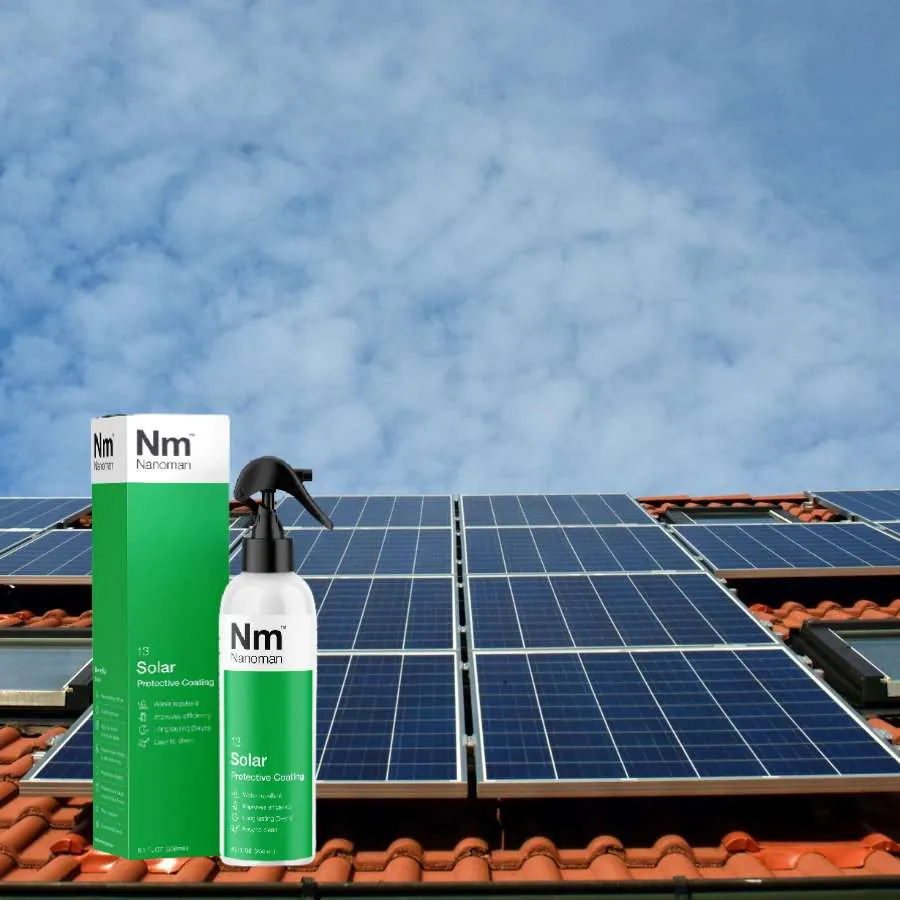 Solar Panel Coating 250 ml and box on a roof with solar panels