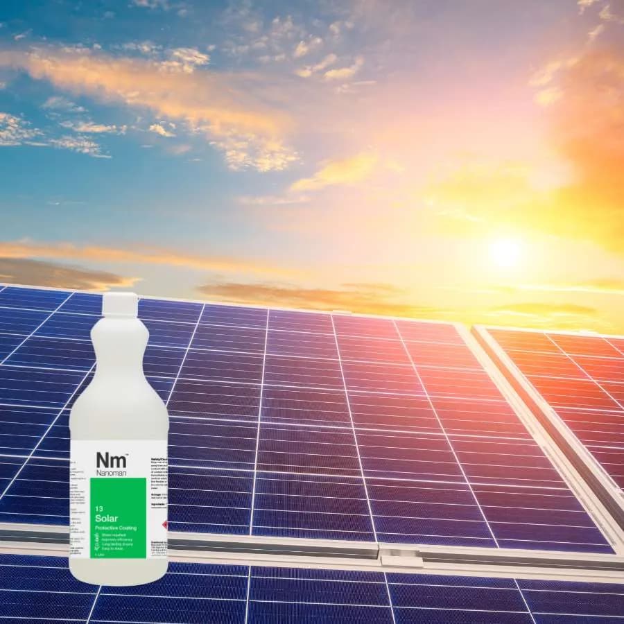 Solar Panel Coating 1 L on solar panels at sunset