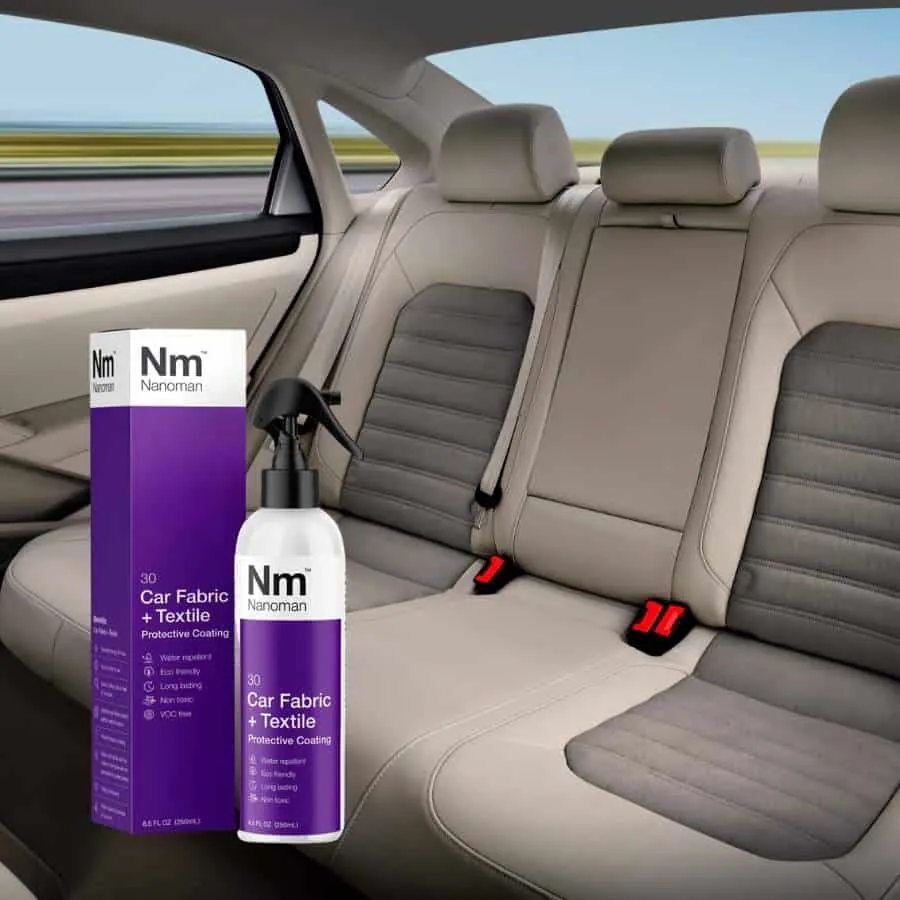 Car Fabric Protector Spray 250 ml and box on the back seat of a car