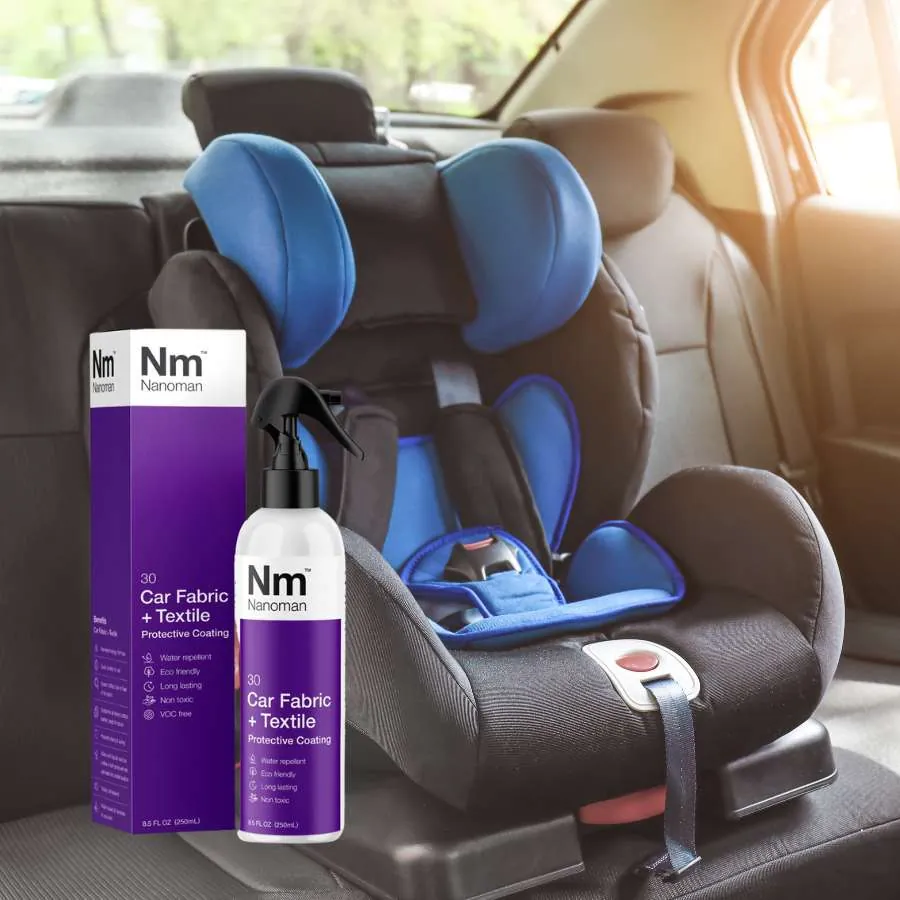 Car Fabric Protector Spray 250 ml and box beside a child car seat