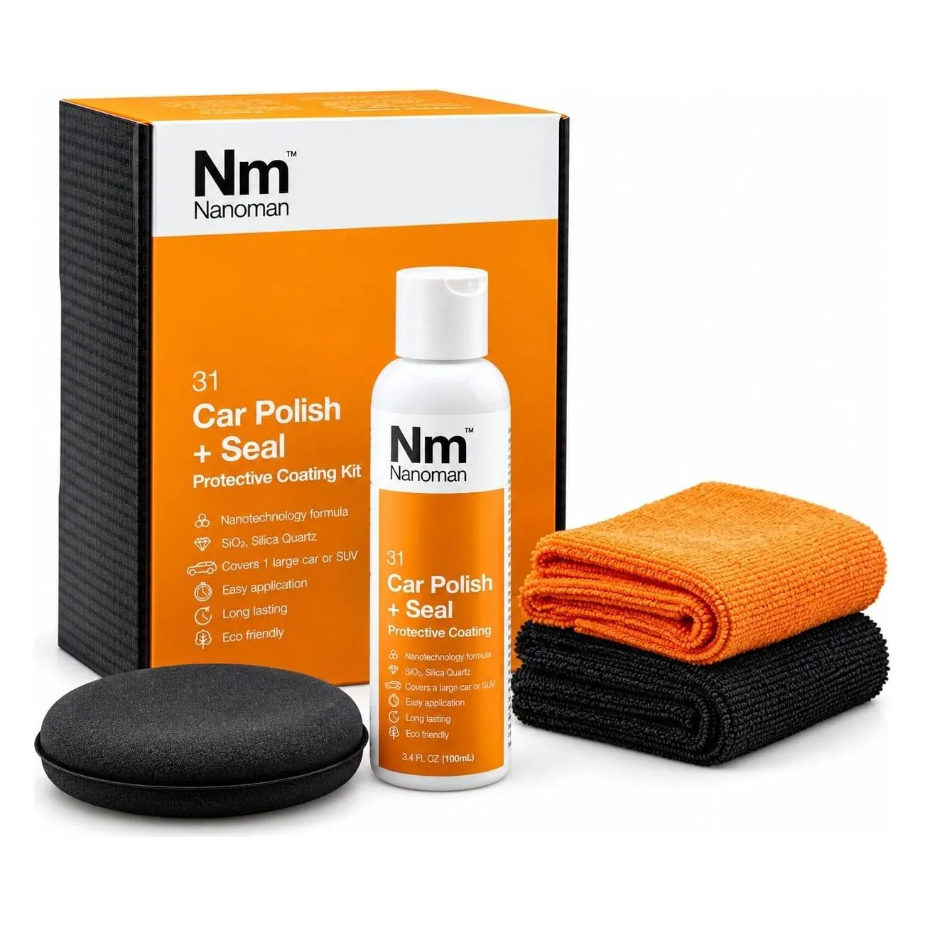 Car Polish and Sealant Kit: 100 ml bottle, applicator pad and two microfibre cloths