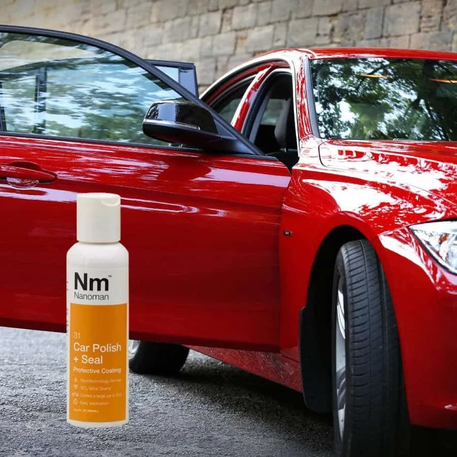 Car Polish and Sealant Kit 100 ml bottle in front of a red car