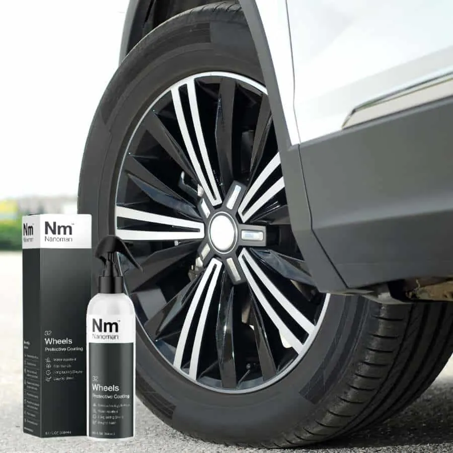Wheel coating 250 ml and box beside a black and silver rim