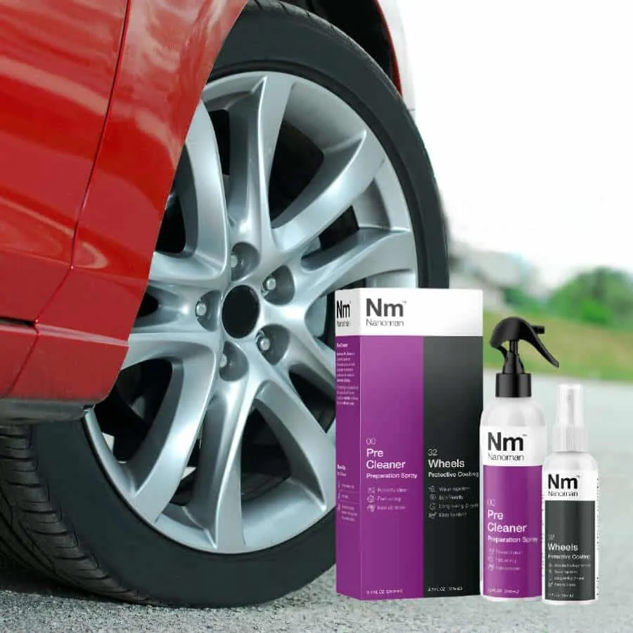 Wheels Coating Kit beside the alloy wheel of a red car