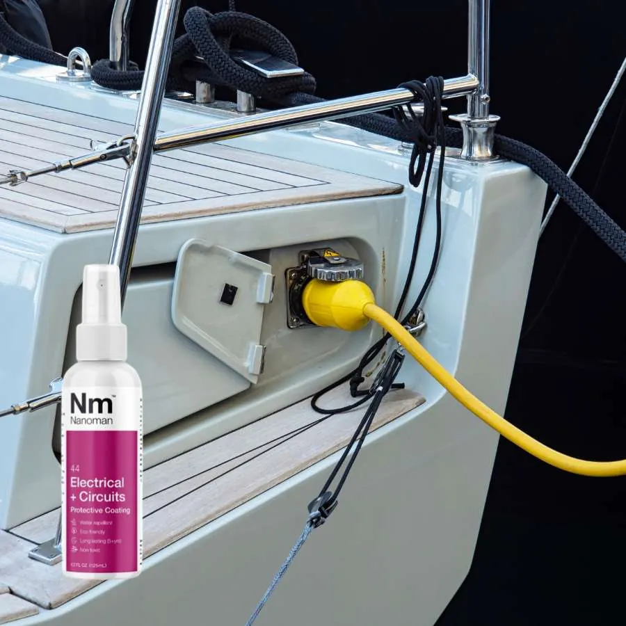 Electrical + Circuits beside a shore power socket on a boat
